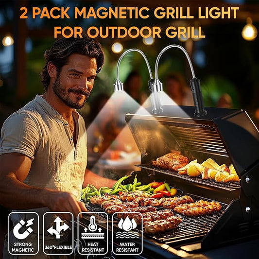 Magnetic Grill Lights for Outdoor BBQ - 2 Pack Grilling Gifts for Men Him | Bright for Night BBQ, Smoker Accessories, Strong Magnetic Base, Flexible Gooseneck, Waterproof Outdoor Use, Cooking Gadgets