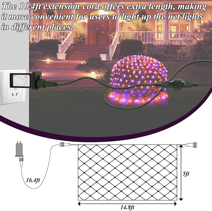 Lovelite 300LED Net Lights Halloween Decorations, 14.8ft x 5ft Outdoor Mesh Lights 8 Modes & Timer, Connectable Waterproof Christmas Light for Bushes Xmas Tree Party Garden Lawn, Purple Orange