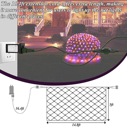 Lovelite 300LED Net Lights Halloween Decorations, 14.8ft x 5ft Outdoor Mesh Lights 8 Modes & Timer, Connectable Waterproof Christmas Light for Bushes Xmas Tree Party Garden Lawn, Purple Orange