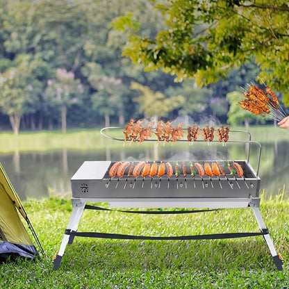 Portable Charcoal Grill with Rotating Skewers, Foldable Stainless Steel BBQ Grill for Camping Picnic Outdoor Cooking, Compact Tabletop Smoker with USB Power