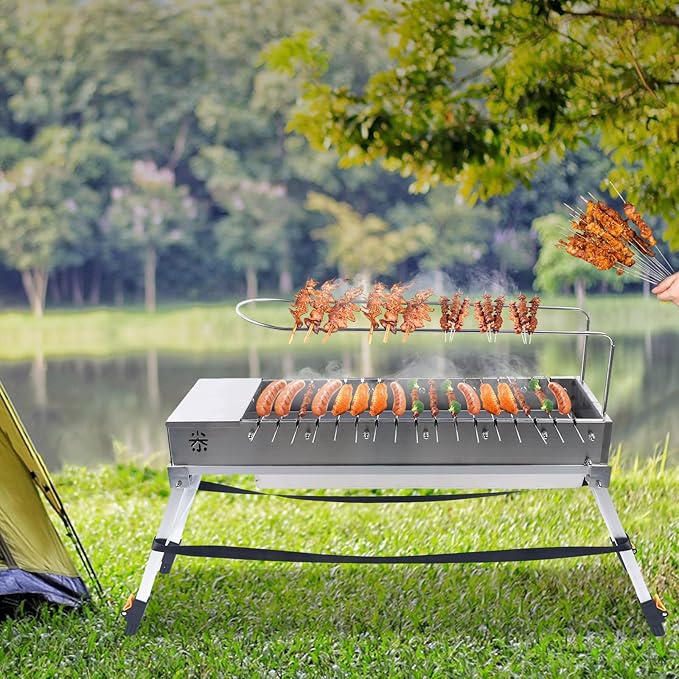 Automatic Flip BBQ Stove Electric Charcoal Grill Stainless Steel Camping Barbecue Machine Sliver USB(Folding Size:27 * 9.5 * 4.7inch)