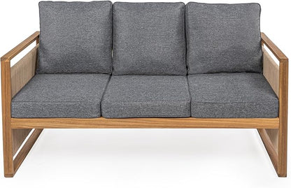 JONATHAN Y Gable Acacia Wood and Woven Rope 63" Outdoor Sofa, 3-Seater Patio Bench with Weather-Resistant Gray Cushions for Backyard and Porch, Bohemian Style, Teak Brown Finish SFB1002B