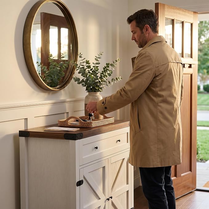 YESHOMY Kitchen Storage Cabinet, Coffee Bar Cabinet, Farmhouse Sideboard Buffet with Storage, Barn Door Accent Cabinet with a Drawer and Adjustable Shelf for Dining Room, Entryway, Rustic White, 1PCS