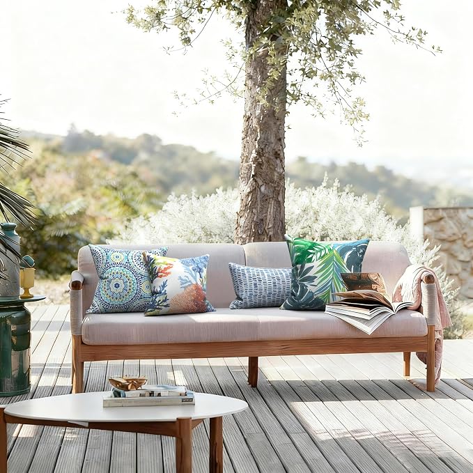 LVTXIII 2 Pack Outdoor Pillow Covers ONLY 18x18 Inch, Water-Repellent Square Decorative Cushion Covers for Patio Furniture, Garden, Sofa, Delancey Lagoon