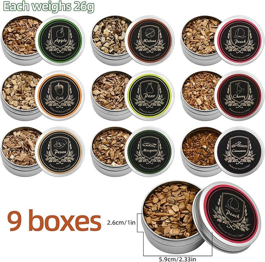 Smoking Wood Chips Cocktail Smoker, 9 Flavors Natural Wood Chips Including Cherry, Apple, Oak, Peach, Walnut, Pear, Pecan, Mesquite, Cinnamon for Husband Father's Gift Smoke Gun Cocktails Drinks Food