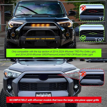 LED Grill Led Lights Compatible with 4Runner 2014-2024 TRD Pro 2014-2019 SR5, Premium, Limited, TRD Off-Road 4 PCS Smoke Lens Amber Lamps