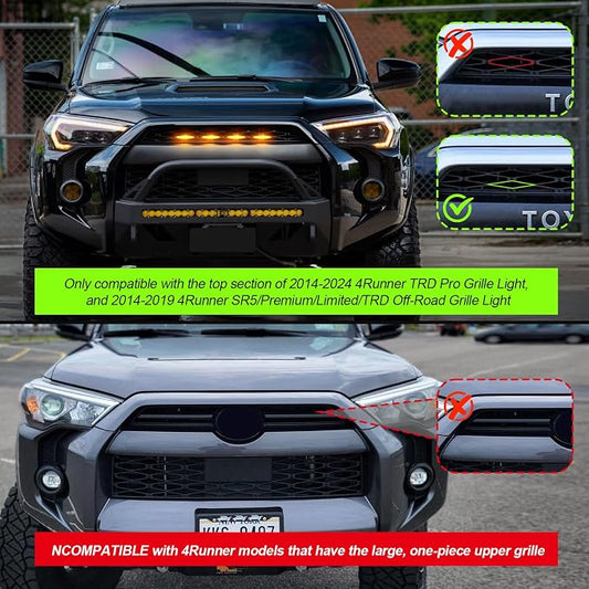 LED Grill Led Lights Compatible with 4Runner 2014-2024 TRD Pro 2014-2019 SR5, Premium, Limited, TRD Off-Road 4 PCS Smoke Lens Amber Lamps