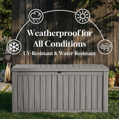 ROJIK 150 Gallon Outdoor Storage Box Waterproof,Weatherproof Deck Boxes Outdoor Lockable,Resin Outside Storage Box for Garden Tools,Cushions,Pool Accessories(Grey,150 Gal)