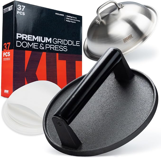 Smash Burger Press Kit - 7'' Flat Bottom Round Premium Cast Iron Press with 35 Pcs Patty Paper,12 Inch Heavy Duty Round Basting Cover Melting Dome. Perfect for Hamburger, Bacon, Meat, Sandwich
