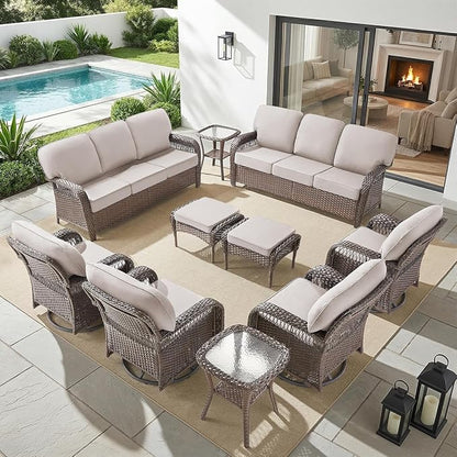Belord Patio Wicker Swivel Rocker Patio Chairs with 3-Seater Sofa, Outdoor Rattan Chairs for Deck Porch Poolside, 10 Piece Patio Conversation Furniture Set,Beige