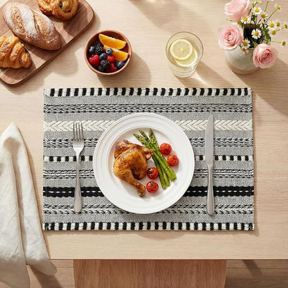 Artoid Mode Black Farmhouse Woven Braided Stripe Placemats Set of 4,12x18 Inch Seasonal Holiday Table Mats Party Kitchen Dining Decoration
