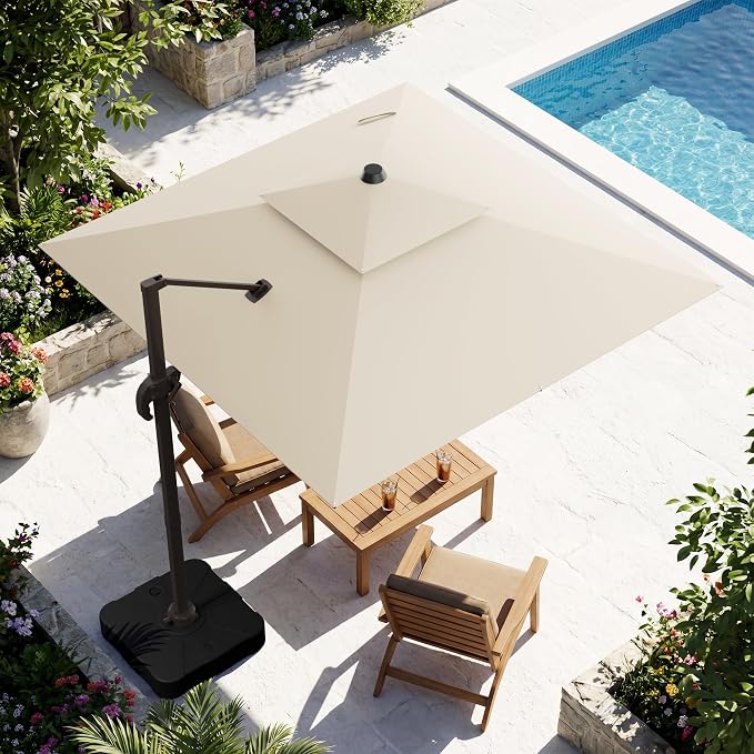 10x10FT Beige Cantilever Outdoor Patio Umbrella with Base, Large Square Offset Design, Double Top Heavy Duty Aluminum Frame & 360° Rotation for Pool Garden Deck Backyard