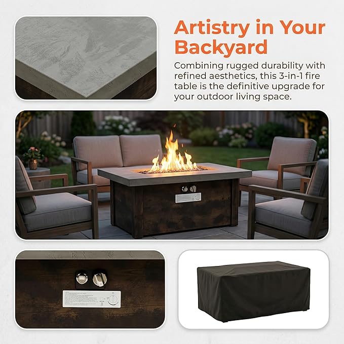 42x24 Inch Rectangle Propane Fire Pit Table 50000 BTU Cement-Imitating Outdoor Patio Heater with Lid & Volcanic Rock, Modern Fire Table for Backyard Garden