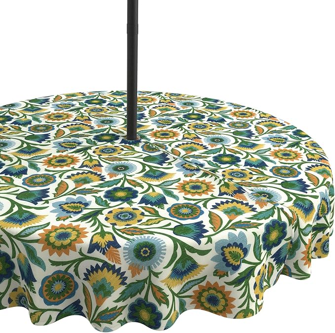 LVTXIII Round Outdoor Tablecloth with Umbrella Hole and Zipper, Water-Repellent 60 Inch Patio Table Cover for Bistro, Garden, Patio & Picnic, Fiesta Floral