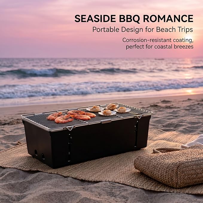 BBQ Charcoal Grill Portable Outdoor Fire Pit Grill Skewer Rack Folding Camping Grill Ideal (Dimensions: 17.7x6.7x5.5 inches) The sheet is 2mm thick and weighs 9.48 pounds