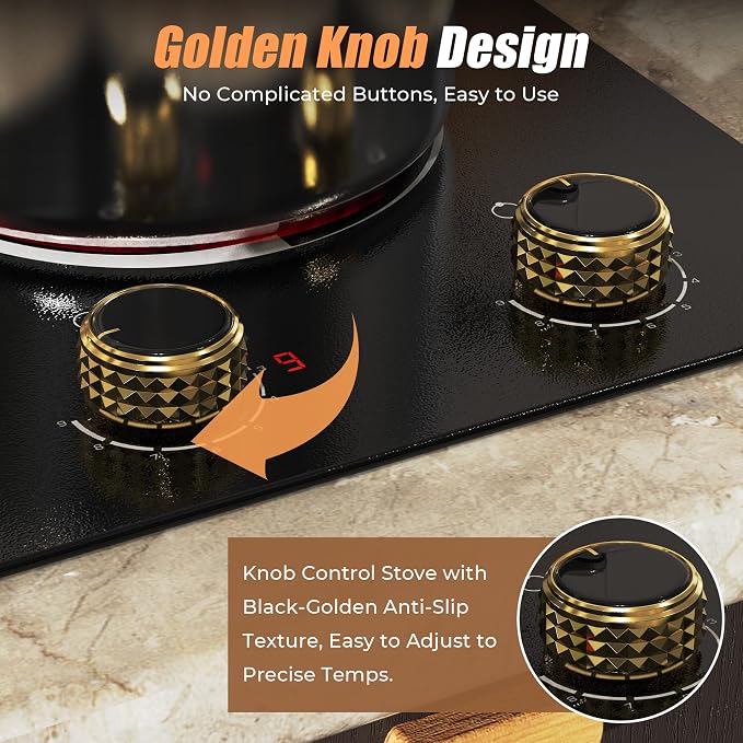 2 Burner Electric Cooktop 110V 2000W Countertop or Built-in | 12 Inch Plug in Two Burner Electric Stove 120V Portable, Knob Control, 9 Power Levels and Overheat Protection, Golden Knob