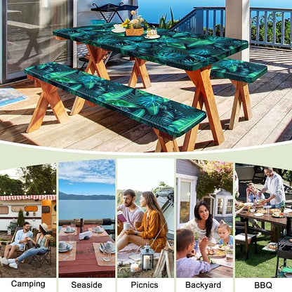 Picnic Table and Bench Cover Set, Waterproof Fitted Elastic Cloth | Portable Camping Essentials With Built-In Storage Pocket And Waterproof Fabric For Outdoor RV Or Picnic Table Use