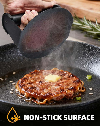 Bulado Burger Press, 6'' Round Burger Smasher for Griddle with Heat-Resistant Handle, Teflon-Coated Iron Non-Stick Hamburger Smasher Tool for Flat Top Griddle, Grill, BBQ, Cooking, Gift Package