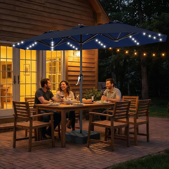 AreShark 15FT Patio Umbrella with Solar Lights, Double Sided Outdoor Table Umbrellas with Crank, Large Rectangular Market Umbrella for Porch, Lawn, Pool, Backyard, Navy