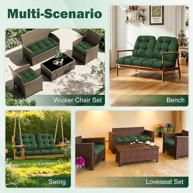 Outdoor Wicker Chair Cushion, 44×19×4 in, Waterproof, Forest Green | Waterproof Wicker Furniture Cushions, Fade Resistant, 3 Piece Patio Furniture Cushions Set for Bench, Loveseat, Swing, Settee