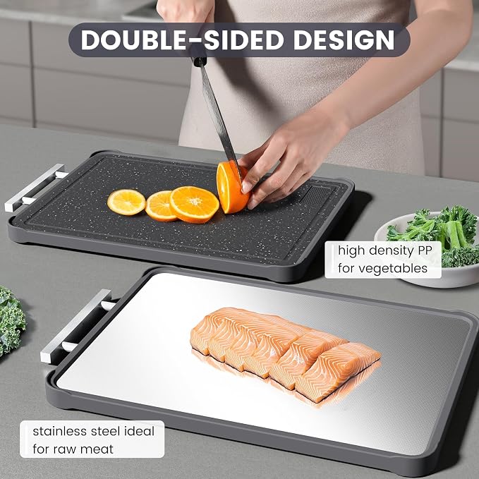 Kikcoin 17"×11" 304 Stainless Steel Cutting Boards for Kitchen, Dishwasher Safe Food Grade PP Double Sided Cutting Board, Extra Large Non-Toxic Chopping Board for Meat, Cheese & Charcuterie, Black