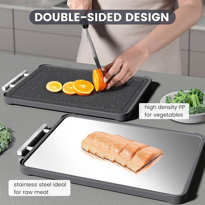 Kikcoin 17"×11" 304 Stainless Steel Cutting Boards for Kitchen, Dishwasher Safe Food Grade PP Double Sided Cutting Board, Extra Large Non-Toxic Chopping Board for Meat, Cheese & Charcuterie, Black