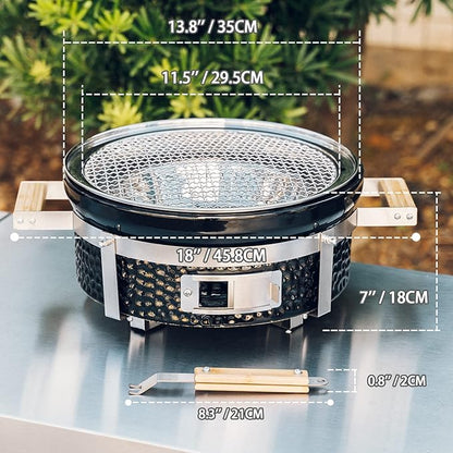ONLYFIRE GRILLS Ceramic Hibachi Charcoal Grill with Grid Lifter, 14" Portable BBQ Yakitori Grill with Stainless Steel Grate for Outdoor Patio Backyard Barbecue Cooking, GS305