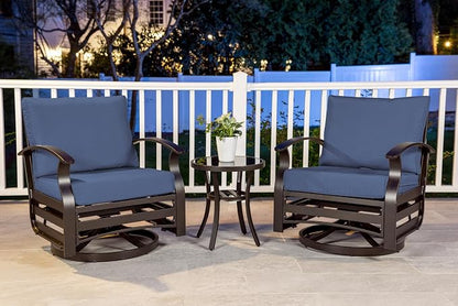 ALAULM 3 Piece Aluminum Outdoor Swivel Chairs High Back Metal Swivel Rocking Chairs with 5.1" Sponge Cushions &1 Coffee Table for Patio, Porch, Backyards, Garden(DarkBlue)