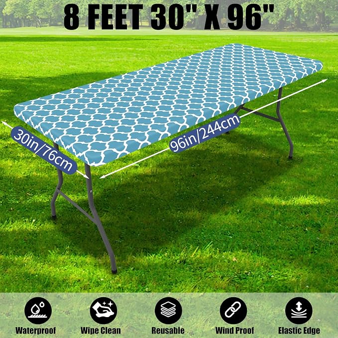 Smiry 2 Pack Rectangle Table Cloth 8 Foot, Waterproof Elastic Fitted Tablecloths, Windproof Washable Polyester Table Cover for Picnic, Camping, Outdoor (Light Blue, 30"x96")