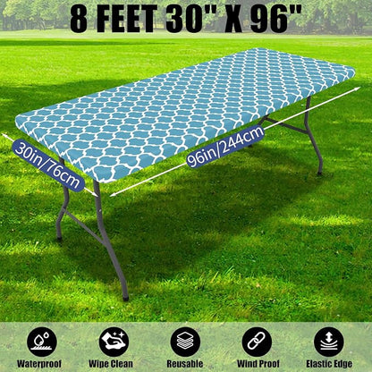 Smiry 2 Pack Rectangle Table Cloth 8 Foot, Waterproof Elastic Fitted Tablecloths, Windproof Washable Polyester Table Cover for Picnic, Camping, Outdoor (Light Blue, 30"x96")