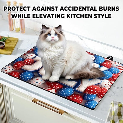Patriotic Stove Top Cover, Heat Resistant Electric Stove Protector Mat, Large Diatomite Kitchen Counter Mat, Independence Day Decor American Flag Kitchen Accessory (happy july, 28x20 Inch)