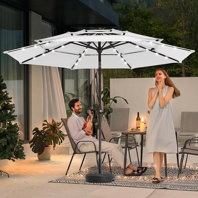 JEAREY 9 ft 3-Tier Outdoor LED Lighted Patio Umbrella w/Crank, Creamy-white | Solar Market Table Umbrella with 8 Sturdy Ribs, UV Protection Waterproof Sunproof for Garden, Deck and Backyard