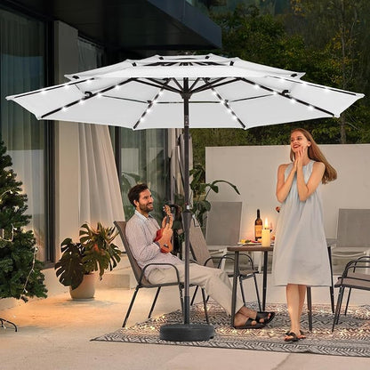 JEAREY 9 ft 3-Tier Outdoor LED Lighted Patio Umbrella w/Crank, Creamy-white | Solar Market Table Umbrella with 8 Sturdy Ribs, UV Protection Waterproof Sunproof for Garden, Deck and Backyard