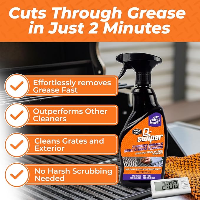 Proud Grill Company Q-Swiper 2-Minute Miracle Grill & Grate Cleaner with Scrub Clean Cloth - Father Day Gifts, Degreaser Spray for BBQ, Oven, Stove, Kitchen Tops & Surfaces, Grate & Grease Remover