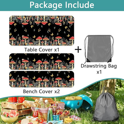 Mushroom Picnic Table Cover with Bench Covers, Camping Essentials, Waterproof Windproof Camping Tablecloth, Fitted Tablecloth Cover with Elastic Edge, for Indoor & Outdoor, Garden, 3 PCS, 30x96 Inch