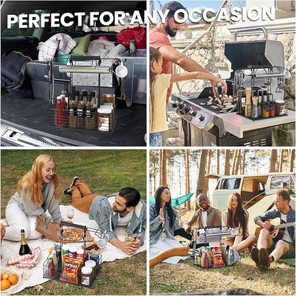 Grill Caddy for Outdoor Grill with 2 Paper Towel Holders,Barbecue Tool Sets Storage Organizer,BBQ Caddy for Outdoor Grill with 9 Compartments & 8 Hooks,Picnic Caddy Grilling Gifts for Men