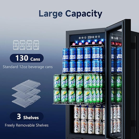 15 Inch Under Counter Refrigerator, 130 Cans Beverage Refrigerators, Large Capacity Beverage Refrigerator with Glass Door & Adjustable Shelves, for Home, Office, Bar (Black)