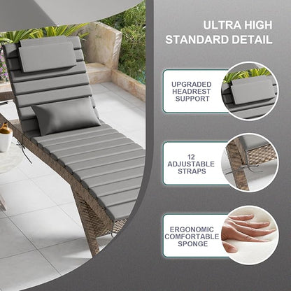 2 Sets of Outdoor Water-Resistant Olefin Chaise Lounge Cushions with Headrest and Pillow, Weather and Fade Resistant Foldable Quilted Lounge Chair Pads with Straps, Dark Gray, 73" L x 22" W