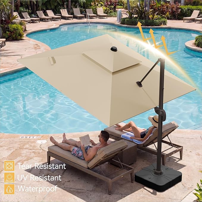 10x10 FT Patio Umbrella with Base, Large Cantilever Double Top Heavy Duty Offset Umbrellas with 360° Rotation, Outdoor shade for Garden Deck Pool, Beige