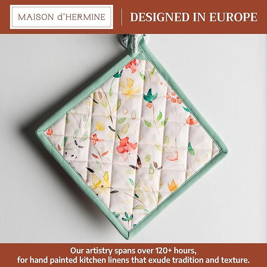 Maison d'Hermine Pot Holders 100% Cotton Heat Resistant Potholders 8" x 8" Hot Pads with Loop BBQ, Cooking, Baking, Grilling, Kitchen, Handling Hot Pans Spring/Summer (Pack of 1, Colmar)