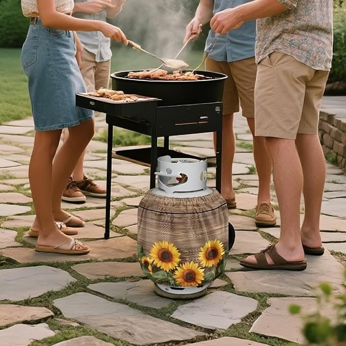 20 lb Dual Propane Tank Cover Protective Propane Tank Blanket for Grill, Travel Trailer RV, and Outdoor Use Windproof Weatherproof Gas Cover Wood Print Sunflower