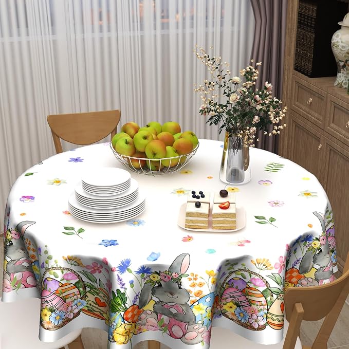 Sweetshow Easter Bunny Eggs Table Cloth Round Colorful Flower Leaves Tablecloth 70 Inch Decor Washable Stain and Wrinkle Spring Floral Round Table Cover for Dining Picnic