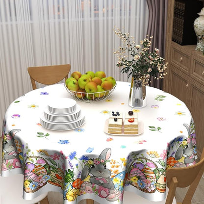 Sweetshow Easter Bunny Eggs Table Cloth Round Colorful Flower Leaves Tablecloth 60 Inch Decor Washable Stain and Wrinkle Spring Floral Round Table Cover for Dining Picnic
