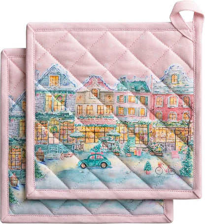 Maison d' Hermine Pot Holders 100% Cotton Potholders (8" x 8", Pack of 2) | Heat Resistant Hot Pads with Loop BBQ Cooking Kitchen Handling Hot Pans Thanksgiving Christmas - Christmas Market - Pink