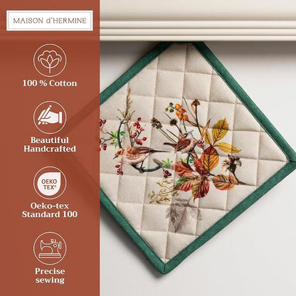 Maison d' Hermine Pot Holders 100% Cotton Potholders (8" x 8", Pack of 1) | Heat Resistant Hot Pads with Loop BBQ Cooking Baking Hotel Kitchen Handling Hot Pans Thanksgiving Christmas - Recolte