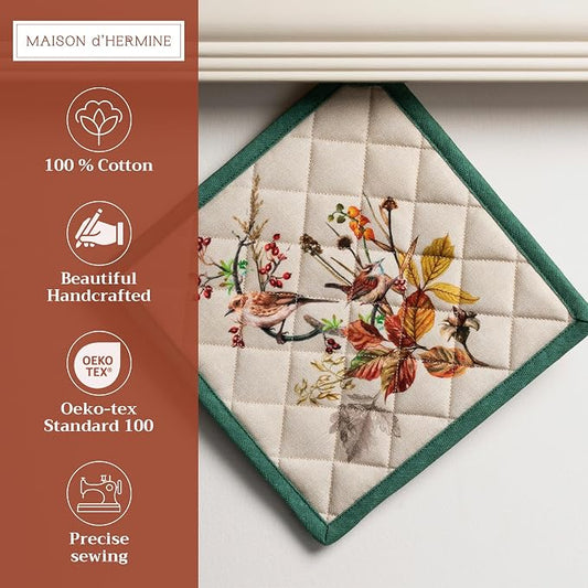 Maison d' Hermine Pot Holders 100% Cotton Potholders (8" x 8", Pack of 2) | Heat Resistant Hot Pads with Loop BBQ Cooking Baking Hotel Kitchen Handling Hot Pans Thanksgiving Christmas - Recolte