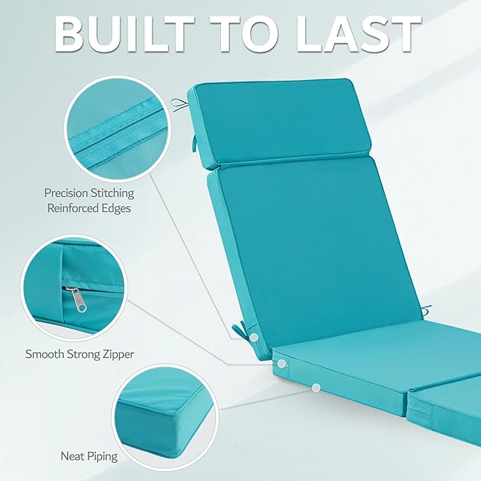 72 x 21 Inch Outdoor Chaise Lounge Cushions Set of 2 - Removable Cover, 4-Section Design, Water-Repellent & Fade-Resistant, 6 Tie Straps, Replacement for Patio & Pool Chairs - Teal