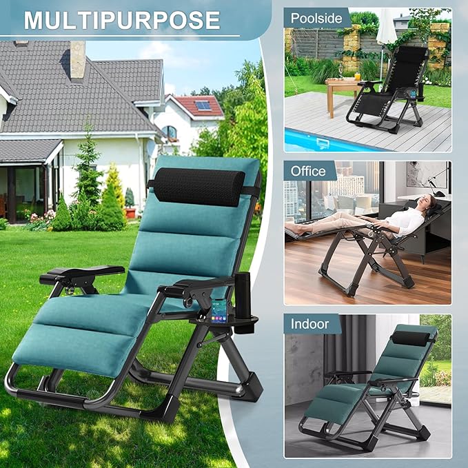 ABORON 2 Pack Zero Gravity Chair, Outdoor Lounge Chairs Sun Loungers with Removable Cushion,Headrest,Cup Holder,Reclining Patio Lounger Chair for Indoor and Outdoor