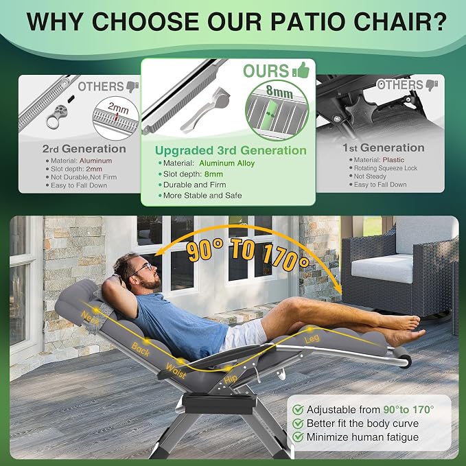 Suteck Oversized Zero Gravity Chair, 500LBS 33" XXL Reclining Lounge Chairs | W/Removable Cushion&Headrest, Upgraded Lock, Big Cup Holder and Footrest, Reclining Camping Chair Recliner for Indoor Outdoor