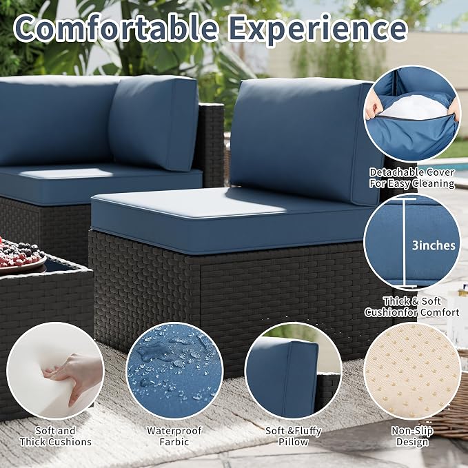 SUNLEI 5 Piece Patio Furniture Sets, Low Back All-Weather Rattan Sectional Sofa with Tea Table&Washable Couch Cushions, Patio Furniture Sets, Black Rattan (Aegean Blue)